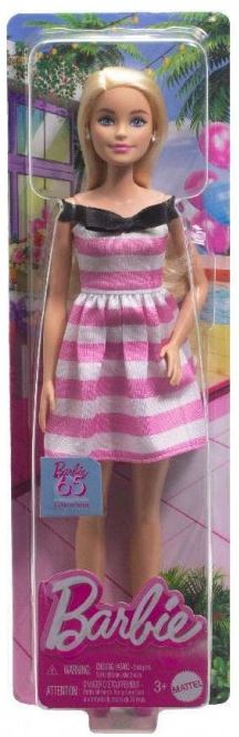 Mattel Barbie 65. obletnica - Blond lutka v roza črtasti obleki (HTH66)