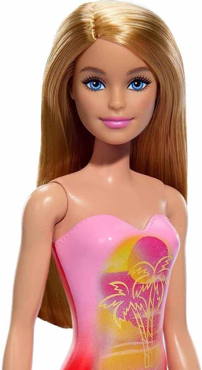 Mattel Barbie: Plaža - Lutka z blond lasmi v roza kopalkah z motivom palme (HPV19)