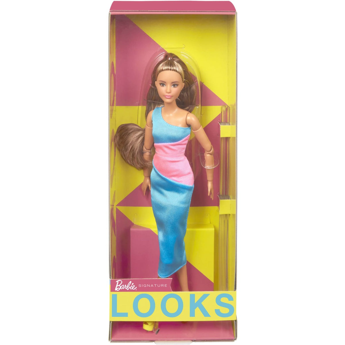 Mattel Barbie - Krajša punčka z rjavimi lasmi in roza-turkizno obleko (HJW82)