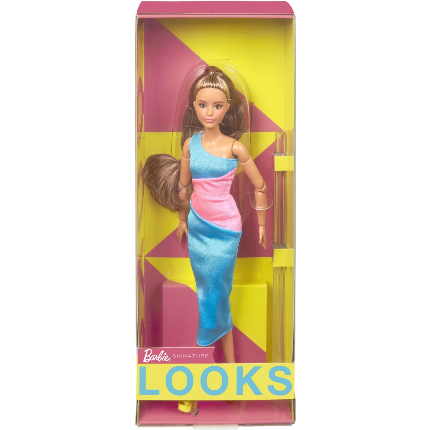 Mattel Barbie - Krajša punčka z rjavimi lasmi in roza-turkizno obleko (HJW82)