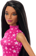 Mattel Barbie - Roza top s potiskom z zvezdami, črne ravne lase (HRH13)